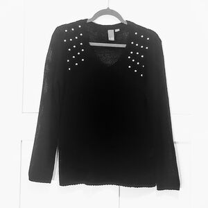 Quinn V Neck Open Knit Stitch Sweater Silver Studs Black Size Medium